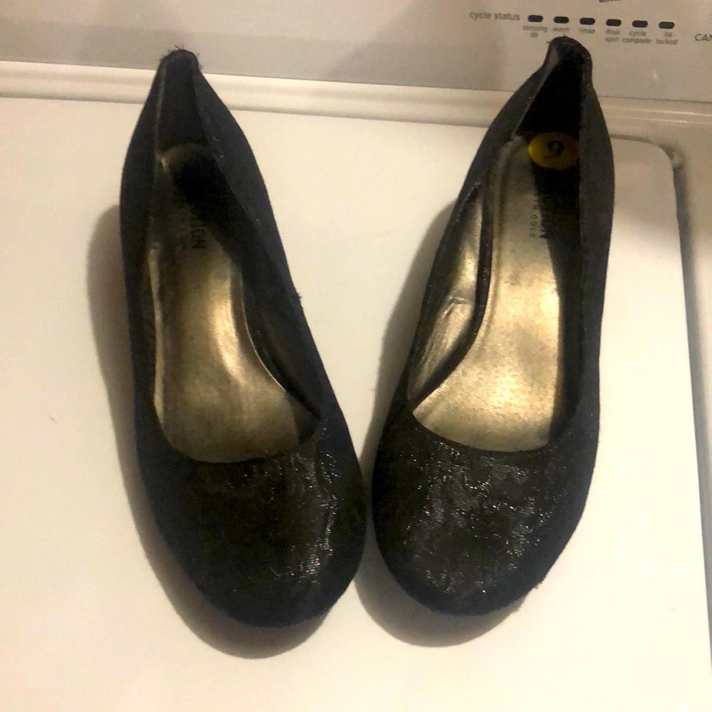 Black dress clogs with small heel.
